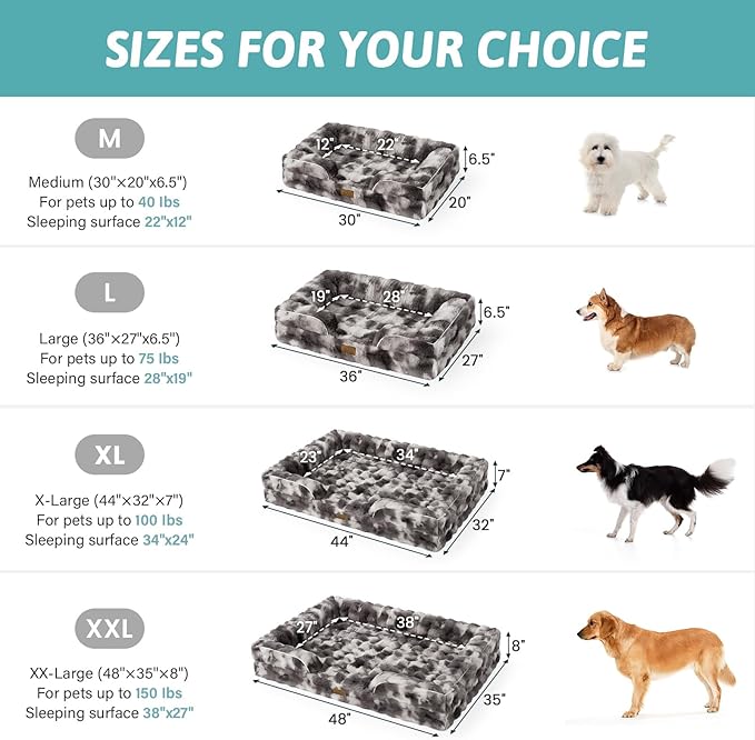 Orthopedic Dog Bed for Medium Small Size Dog, Soft and Warm Faux Fur Sofa for Pet Up to 40 lbs, Foam Bolster Anti-Slip Couch with Washable Removable Cover, M 30x20x6.5 inch, Tie Dye Grey