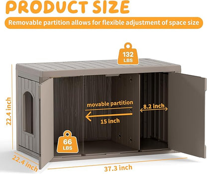 Cat Litter Box Enclosure,Multi-Functional Hidden Litter Box Furniture Cabinet with Adjustable Partition & Side End Table, Indoor Outdoor Cat House with Double Doors,Easy to Clean & Assemble, Gray
