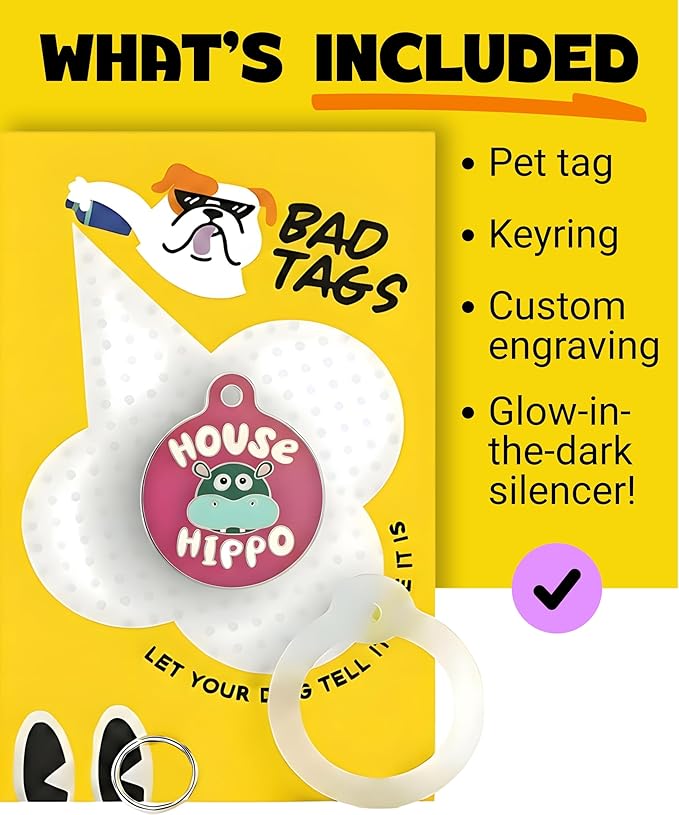 Bad Tags Personalized Dog and Cat ID Tags in 25+ Designs and 2 Sizes - 5 Lines of Custom Engraved Text - Funny Cute Personalized Pet Tags (House Hippo - Pink, Large (1.25 inch))