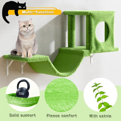 NUNU LAB Cat Wall Shelves, 6 Pcs Luxury Wall-Mounted Cat Climber Set, Indoor Cat Furniture with 1 Condos House, 2 Cat Wall Shelves, 1 Scratching, 1 Bridge Ladder, 1 Scratching Pad, Green