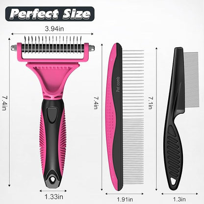3PCS Pet Grooming Rake & Metal Comb & Flea Comb for Cats and Dogs, Double-Sided Dematting Tool, Extra-Wide Deshedding Dog Brush for Long Hair to Effectively Remove Tangles, Knots and Mats (Pink)