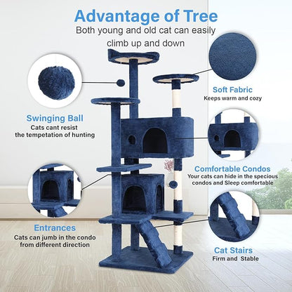 FDW | 54" Cat Tree Tower | Navy Blue | Multi-Level Indoor Activity Center with Sisal Scratching Posts, Condos, Plush Perches, Hanging Cat Toys | Sturdy, Easy to Assemble | for Kittens & Adult Cats