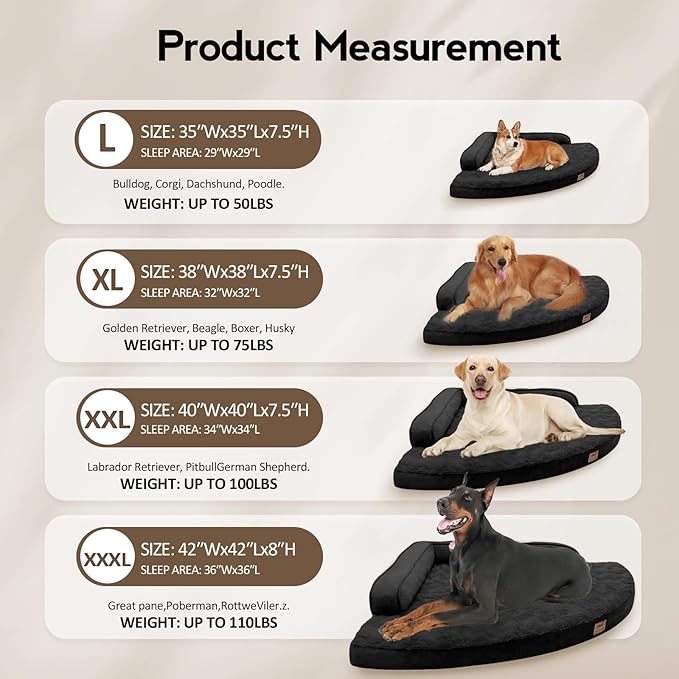 Large Orthopedic Dog Bed with Sides Big Dog Beds with Removable Washable Cover Non-Slip Waterproof Pet Bed for Medium Large Dogs - Black L