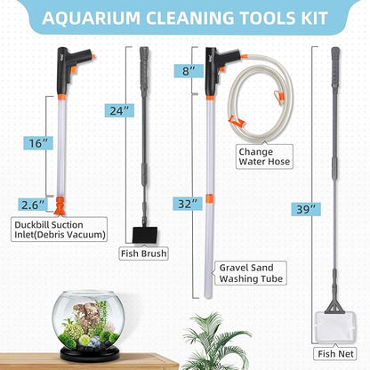 hygger Aquarium Gravel Cleaner Kit, Fish Net Aquarium Cleaning Brush, Patented Water Changer Gravel Vacuum Fish Tank Sand Cleaner Kit Aquarium Siphon Vacuum Cleaner with Water Hose Controller Clamp