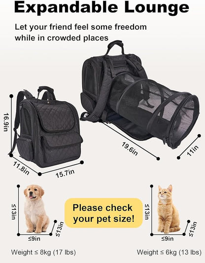 Dog Travel Backpack with Expandable Tunnel for Cats and Dogs up to 17lbs, Secure Carrier with Safety Leash, Soft Cushion, Comfortable Shoulder Straps, Black