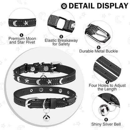 Leather Cat Collars for Boy Girl Cats with Bell and Safety Elastic Belt, Personalized Star and Moon Stud Adjustable Safe Buckle Collar for Kitty Small Big Cats Size 8-12 Inch, Black