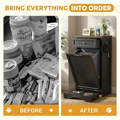 21’’W Dog Feeding Station with Storage, Tilt Out Dog Food Cabinet with Drawer, 2 Feeding Bowls, Pet Food Storage, Cat Feeding Station, Dogs Storage Organizer, (Black, Single Door)