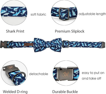 Elegant Little Tail Bowtie Collar for X-Small Puppy and Cat - Shark Print, Adjustable