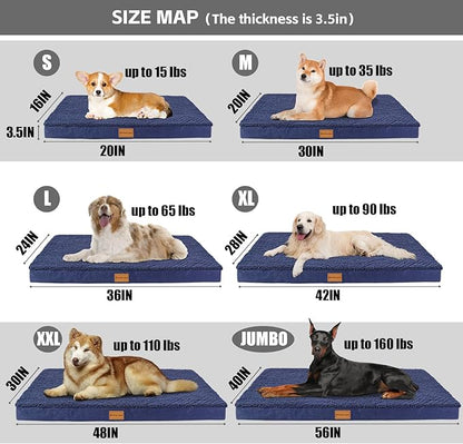 Patas Lague Orthopedic Jumbo Dog Bed for Large Sized Dog 56''X40'', Soft Waterproof Egg Crate Foam Large Pet Crate Beds Mat with Removable Washable Cover and Non-Slip Bottom, Navy Blue