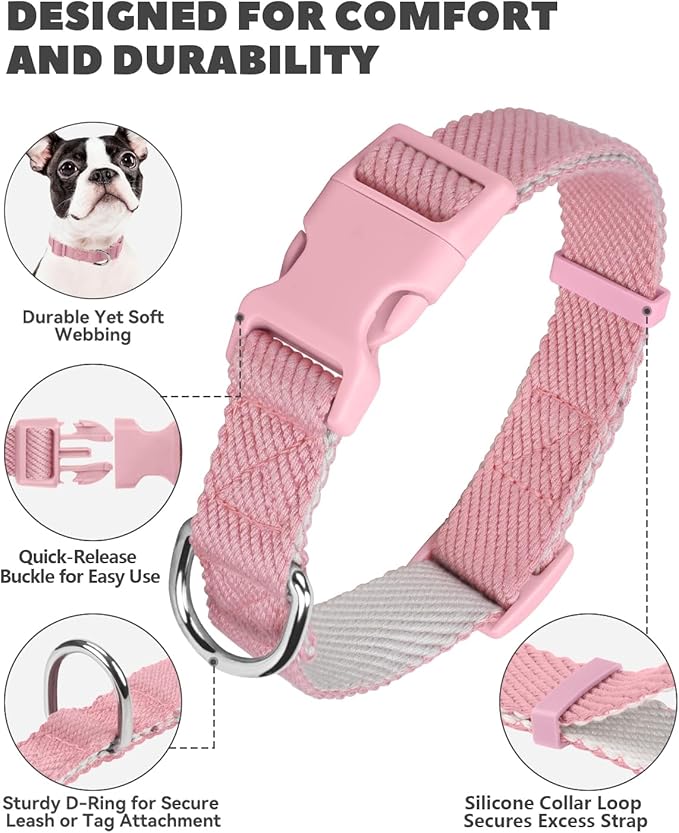 Dynmeow Soft and Breathable Cotton Dog Collar, Durable Adjustable Female Girl Pet Collar with Quick-Release Buckle, Lightweight for Sensitive Skin for Small and Medium Dogs, Pink, S