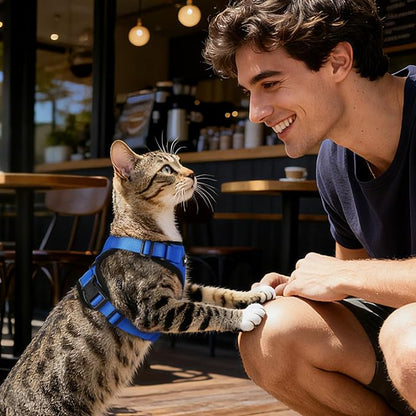 Dooradar Cat Harness and Leash Set, Escape Proof Safe Adjustable Kitten Vest Harnesses for Walking, Easy Control Soft Breathable Mesh Jacket with Reflective Strips for Cats, Blue, M