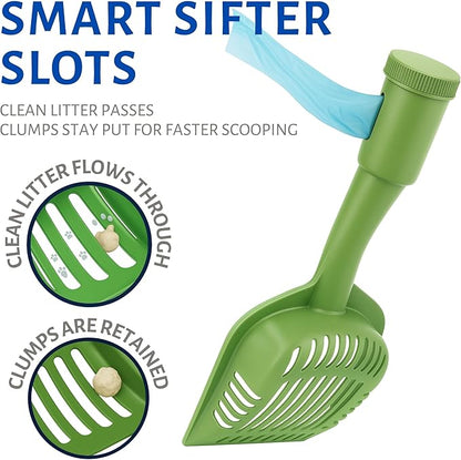 2-in-1 Pooper Scooper with Bag Attachment, Cat Litter Shovel Scoop with Bag, Built-in Dispenser, Includes Trash Roll, Rinse-Clean, Anti-Stick, Smart Sifter, Long Handle (Green)