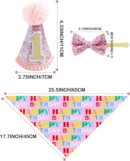 PET SHOW Small Dog Birthday Party Hat for Pets 1-Year-Old Birthday Party Cat Kitten Headband Hats Grooming Accessories Pink Set