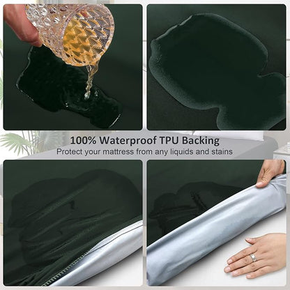 Waterproof Mattress Protector Twin, Fitted Sheet Style Breathable Mattress Cover with Deep Pocket Fits Up to 18'', Noiseless Bed Cover for Kids Adults, Machine Washable (Green, 39'' X 75'')