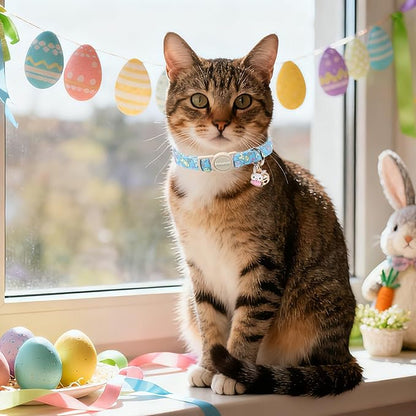 DOGWONG 2 Pack Easter Day Cat Collar Breakaway,Safety Adjustable Easter Plaid Rabbit Cat Collars with Bell for Kitten
