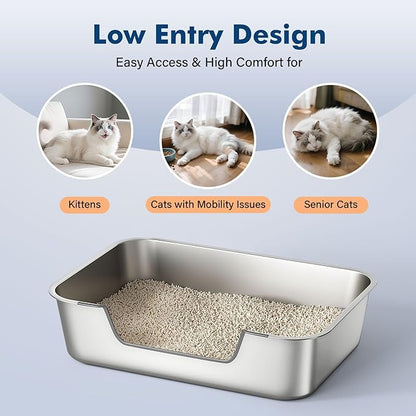 Stainless Steel Cat Litter Box with Low Entry, Metal Kitty Litter Box for Senior or Injured Cats, Odor-Free, Non-Stick, Easy to Clean, 19.5"x13.6"x5.9", Litter Pan for Big and Small Cats
