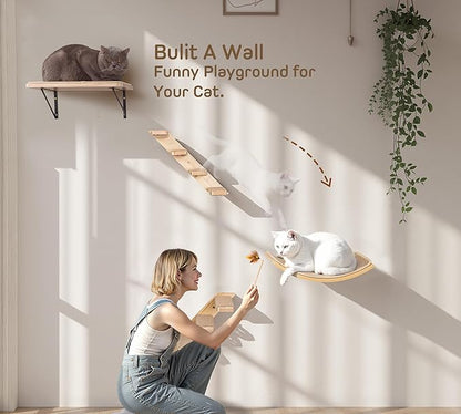 Wall Mounted Cat Shelves Set for Large Cats, 4 Piece Wood Cats Wall Furniture with Sisal-Padded Bed, Flat Perch and 2 Climbing 4-Steps Stairs
