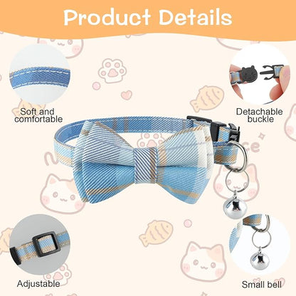 Jeffdad 2Pcs Cat Collar Breakaway, Cat Collar with Bells Bowtie Plaid Cat Collar Adjustable for Kitten Puppy and Small Pets (Blue and White Plaid)