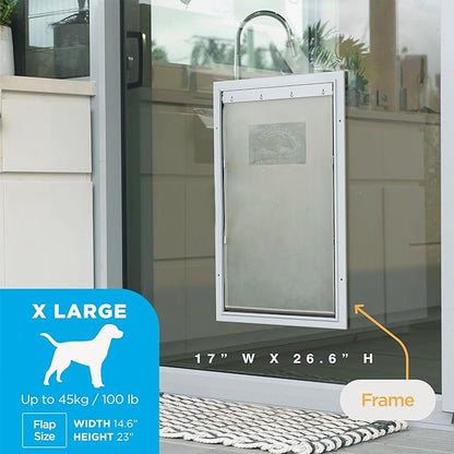 Hakuna Pets Deluxe Aluminum Pet, Cat and Dog Door with 2-Way Locking Panel for Screens, Doors and Walls up to 2.8" Thick, X-Large, Silver