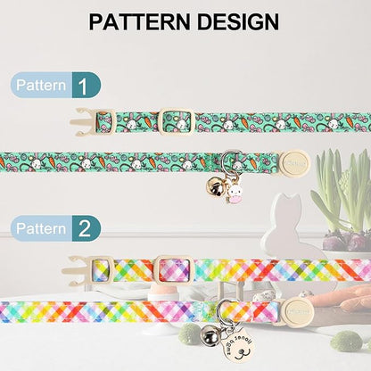 Lionet Paws 2pcs Pack Easter Cotton Cat Collar,Breakaway Buckle with Rabbit and Colorful Eggs Cute Adjustable Green Cat Kitten Collar,Ideal for Girl Cats Boy Cats