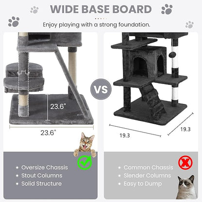 SHA CERLIN 65in Larger Cat Tree Tower Condo for Indoor Kitties/Multi-Level Furniture Activity Center with Wide Base/Cozy Plush Cat Perches/Baskets/Sisal Scratching Posts and Hammock/Grey