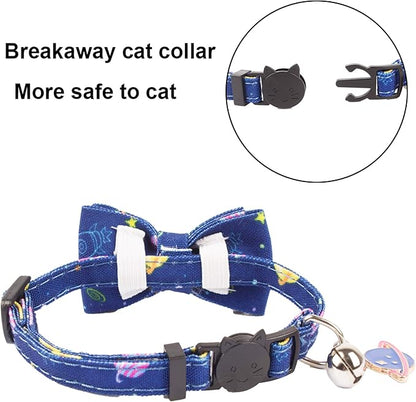 ADOGGYGO Cat Collar Breakaway with Cute Bow Tie Bell, 2 Pack Kitten Collar with Removable Bowtie, Universe Dinosaur Bowtie Collar for Cats (7.5"- 10.5")