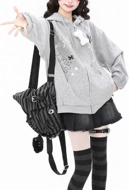 Womens Y2K Zip Up Cute Graphic Hoodies Cat Ears Casual Cartoon Harajuku Kawaii Clothes Oversize Streetwear Jacket