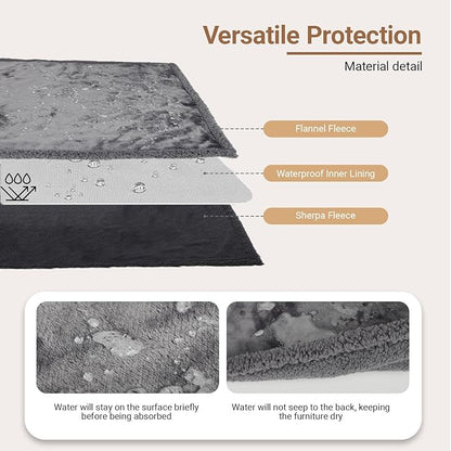 Waterproof Dog Blanket for Large Dogs - Reversible Washable Pet Blanket, Soft Sherpa Fleece Furniture Protector, Cat Throw Bed Couch, Grey,50"x60"