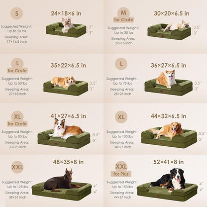 EHEYCIGA Orthopedic Dog Beds for Large Dogs, Waterproof Memory Foam Large Pet Bed with Sides, Non-Slip Bottom and Egg-Crate Foam Dog Couch Bed with Washable Removable Cover, Olive Green
