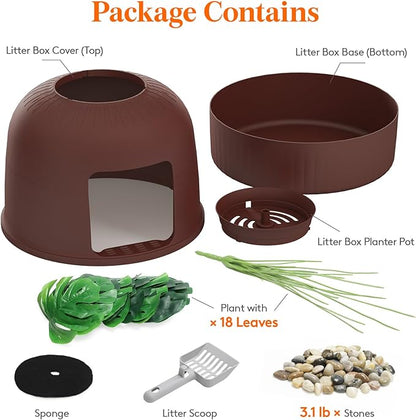 Lifewit Cat Litter Box, Hidden Enclosure Litter Tray with Odor Control & Carbon Filter in Living Room, Bedroom, Corner with Faux Plant& Plastic Scoop, 48 x 120 cm/19x47, Brown