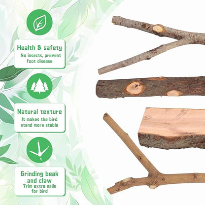 BILLIOTEAM 4-Pack Natural Wood Bird Perch Stand with Spacious Platform, Thick & Long Branches, Large Parrot Cage Accessories for African Grey, Macaws, Conures, Eclectus (Medium & Large Birds)