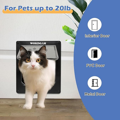 Wordcam Large Cat Door(Outer Size 10.7'' x 9.5''), Robust Cat Door for Interior Exterior Doors, 4 Way Lockable Cat Flap Door, Pet Door for Cats Kitty Kittens Doggies (Black, L)