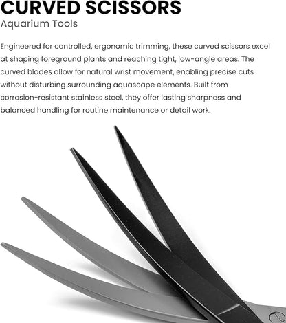 UNS Aquascaping Tools - Stainless Steel, Rust Resistant, Freshwater Planted Tank, Saltwater Reef Aquarium Maintenance Accessory - Trimming Stems & Carpets, Coral Cutting - Curved Scissors, Black