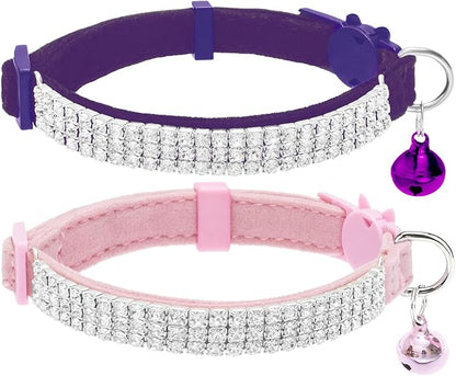EXPAWLORER Soft Velvet Safe Cat Collars for Girl Cats - Rhinestones Bling Diamante Adjustable Collars Breakaway- Chirstmas Cat Clollar Gifts with Bells for Boy Cats Kitty and Small Dogs