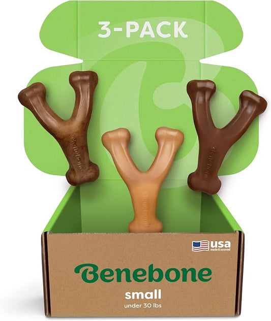 Small 3-Pack, Benebone Wishbone Durable Dog Chew Toy for Aggressive Chewers, Real Bacon, Chicken, Peanut Butter, Made in USA, Variety Pack