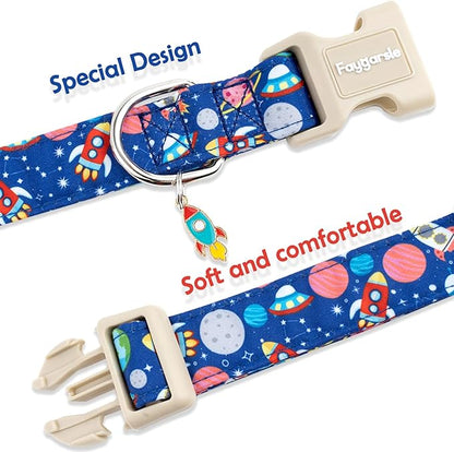Faygarsle Space Theme Dog Collar, Navy Blue with Rockets and Planets Pattern for Summer Small Medium Large Dogs S