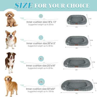 Dog Bed Large Size Dogs Washable Soft Furry Pet Bed, Calming Rectangle Large Dog Bed with Removable Cover & Anti-Slip Bottom, Orthopedic Anti-Anxiety Pet Bed with Handle, 35x27x5 Inches, Grey
