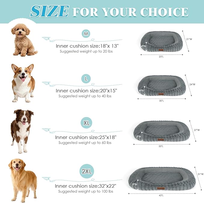 Cute Dog Bed for Extra Large Dogs, XL Washable Soft Plush Furry Calming Dog Bed with Removable Zipper Cover, Orthopedic Rectangle Anti-Anxiety Pet Kennel Bed with Handle, 43x31x5inches, Grey