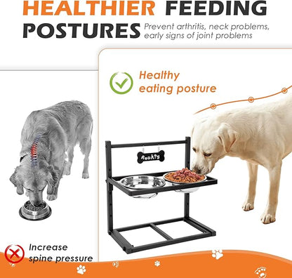 Elevated Dog Bowls with Slow Feeder Dog Bowls, 5 Height Adjustable Raised Bowl Stand with 2 Stainless Steel Food & Water Container, Pet Bowl Elevated for Medium Large Pet