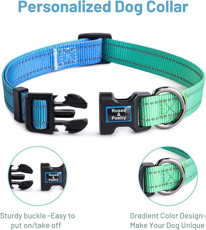 Roses&Poetry Dog Collars for Medium Dogs, Adjustable Durable Pet Collars for Small Medium Large Dogs (Bluegreen-M)