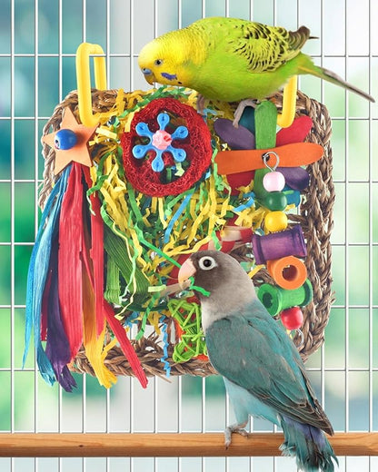 ERKOON Cockatiel Toys, Budgie Toys Foraging Toy Hanging Bird Toy for Lovebrid Parakeets Conures Parrot Foraging Wall with Colorful for Birds Shredding Seagrass, Birds Cage Accessories-2 Pack