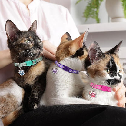 4PCS Breakaway Cat Collars,Reflective Cat Collar with Bells,Kitten Collars for Boy&Girl Cats Breakaway Collar for Cats with Paw Pendant 6-9 Inch(Purple+Hotpink+Red+Teal)