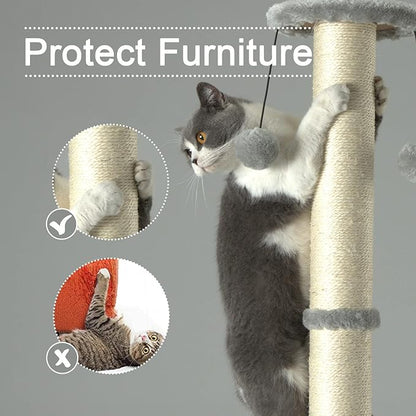 PEEKAB 32" Tall Cat Scratching Post Sisal Scratch Posts with Hanging Ball and Self-Massage Brush Vertical Scratcher for Indoor Cats and Kittens Light-Gray 32inches