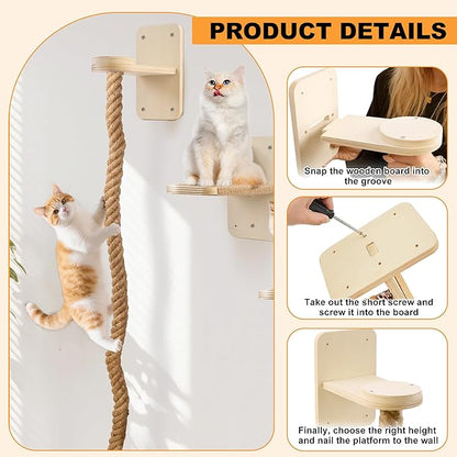 Cat Wall Shelves with 2 x 60 Inch Climbing Rope, Wall Mounted Cat Tree with Scratching Post Kitten Rope Ladder with Jumping Platform Wall Steps for Playing and Rest