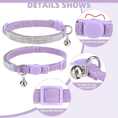 EXPAWLORER Soft Velvet Safe Cat Collars for Girl Cats - Rhinestones Adjustable Collars Breakaway- Chirstmas Cat Clollar Gifts with Bells for Boy Cats Kitty and Small Dogs(XS,Purple)