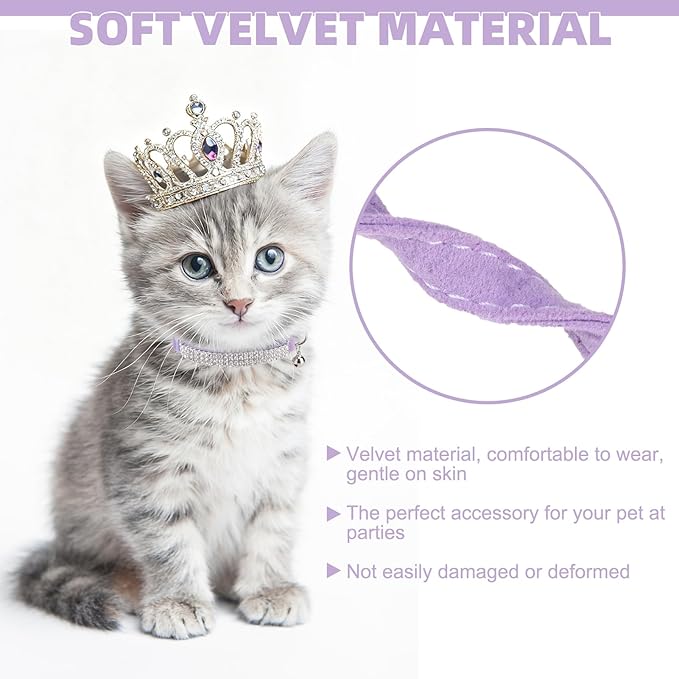 EXPAWLORER Soft Velvet Safe Cat Collars for Girl Cats - Rhinestones Adjustable Collars Breakaway- Chirstmas Cat Clollar Gifts with Bells for Boy Cats Kitty and Small Dogs(XS,Purple)