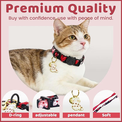 Valentine Cat Collar-2 Pack Collars Red and Black Heart Print Breakaway with Kitten and Bell Pendant Safety Buckle Adjustable Pet Collar for Cats Gift for Cats and Small Pets