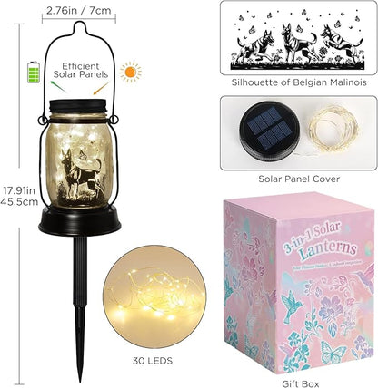 Belgian Malinois Dog Gifts for Women/Men Belgian Malinois Solar Lanterns Birthday Dog Lovers Lantern Pet loss Dog Memorial Lights Solar Garden Decoration for Yard, Patio,Backyard,Porch Torches Light