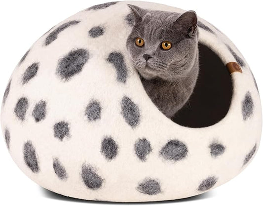 MEOWFIA Cat Cave – Premium Felt Cat Bed for Indoor Cats, Handmade Merino Wool (Snow Leopard, Large)