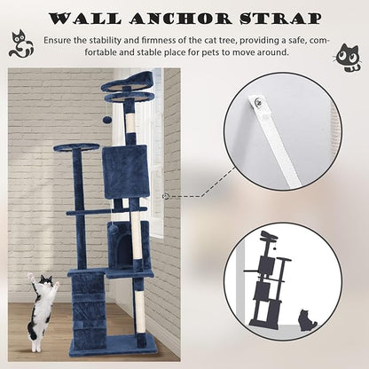 Heavy Duty Cat Tree Tower, 70" Tall Cat Tower for Indoor Cats with Cat Scratching Post with Bed, Cat Condo, Hanging Ball, Multi-Level Cat Climbing Tower Cat Trees Furniture Activity Center, Navy Blue